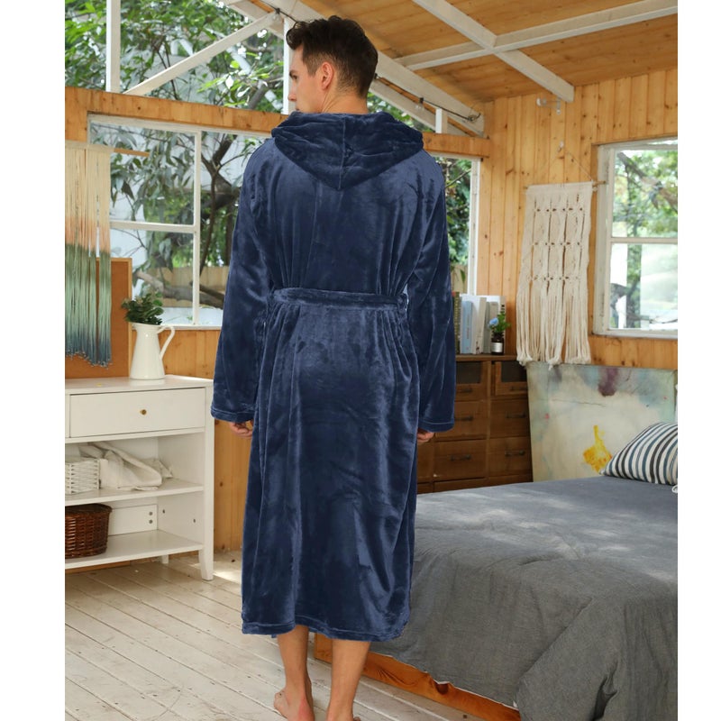 U2SKIIN Mens Fleece Hooded Robe Plush Bathrobe (Navy Blue, S/M) - Image 4